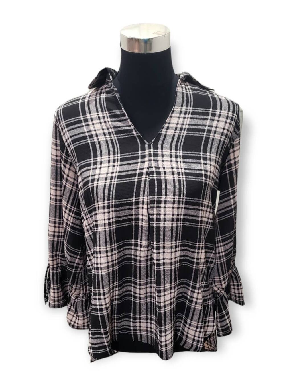 Lynn Ryan Black Plaid High Low Adjustable Wrist Long Sleeved Shirt